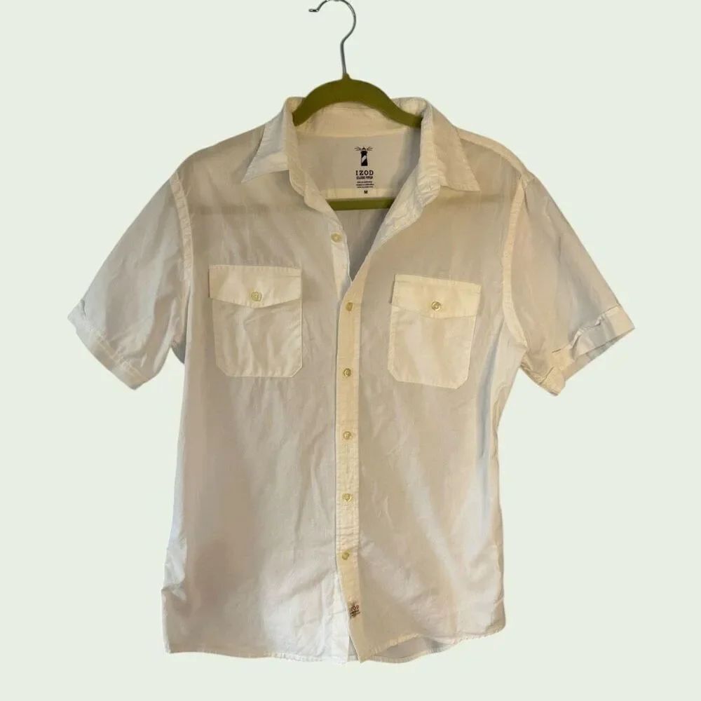 IZOD Seaside Poplin Short Sleeve Button Down Shirt White Men's Size M